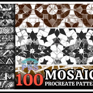 Könnte beinhalten: Ein Set mit 100 Mosaikmustern für Procreate, mit verschiedenen geometrischen Designs in Schwarzweiß. Die Muster eignen sich perfekt zum Erstellen einzigartiger Hintergründe, Texturen und Illustrationen.