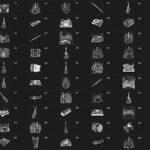 May include: A black and white illustration grid of 60 different musical instruments, including a saxophone, a guitar, a drum set, a piano, a harp, a trumpet, a flute, a violin, a harmonica, and a keyboard.