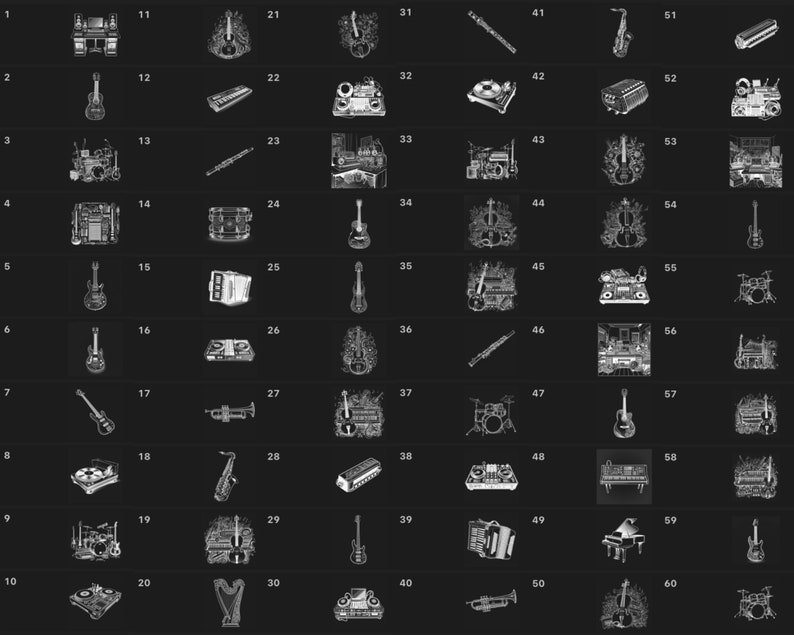 May include: A black and white illustration grid of 60 different musical instruments, including a saxophone, a guitar, a drum set, a piano, a harp, a trumpet, a flute, a violin, a harmonica, and a keyboard.