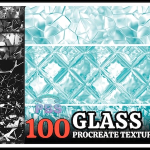 May include: A set of 100 digital glass textures for Procreate, featuring a variety of styles, including cracked, frosted, and textured glass. The textures are perfect for adding a realistic glass effect to your digital art.