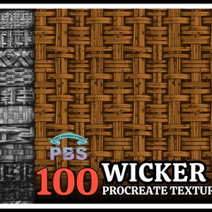 Puede incluir: Un conjunto de 100 texturas de Procreate con varios patrones de mimbre. Las texturas son en blanco y negro y tonos marrones. El texto "100 WICKER PROCREATE TEXTURES" se muestra en la imagen.