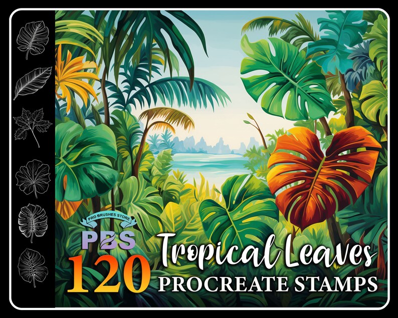 120 Tropical Leaves Procreate Stamps: Botanical Brush Set (digital ...