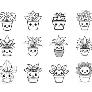 May include: A set of 12 black and white line drawings of cute potted plants with smiling faces. The plants are in various styles, including succulents, ferns, and leafy plants.