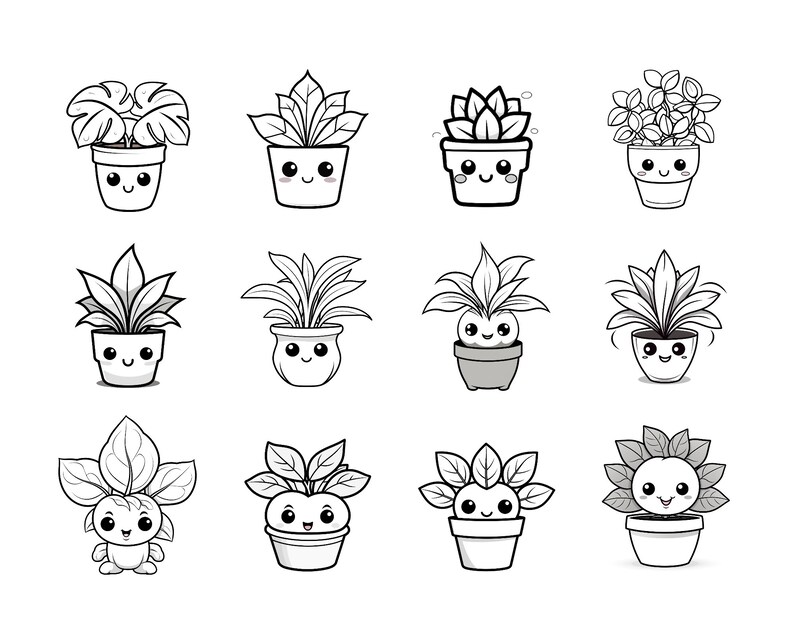 May include: A set of 12 black and white line drawings of cute potted plants with smiling faces. The plants are in various styles, including succulents, ferns, and leafy plants.