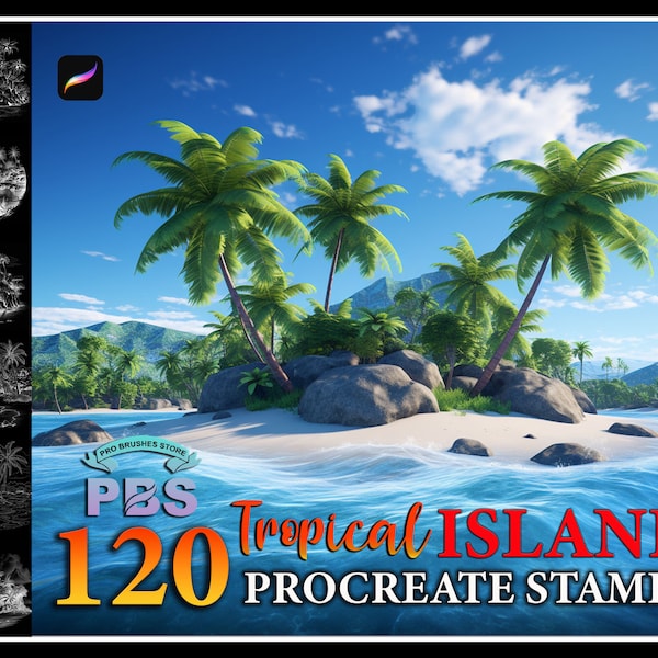 120 Procreate Tropical Island Stamps, Tropical Island stamps for procreate, Island Procreate Stamps, Nature brushes procreate