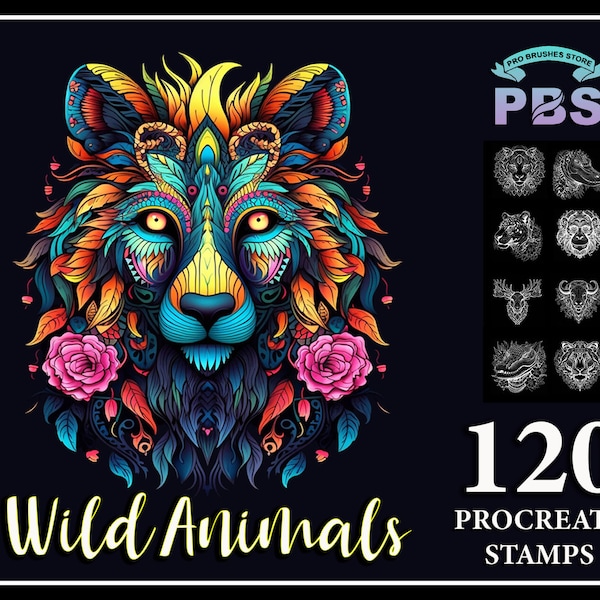 120 Procreate Wild Animal Head Stamp, Wild Animal brush for procreate, Intricate animal procreate stamp, instant digital download.