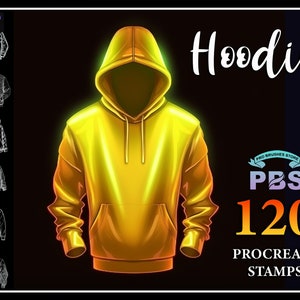Könnte beinhalten: Digitale Illustration eines gelben Hoodies mit Leuchteffekt, vor schwarzem Hintergrund. Das Wort "Hoodie" ist in weißer Schrift geschrieben. Das Bild enthält auch Skizzen von Hoodie-Designs und den Text "PBS 120 PROCREATE STAMPS".