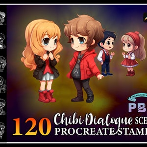 120 Procreate Chibi Dialogue Stamps, Chibi Dialogue stamps for procreate, Chibi character dialogue scene brush for procreate