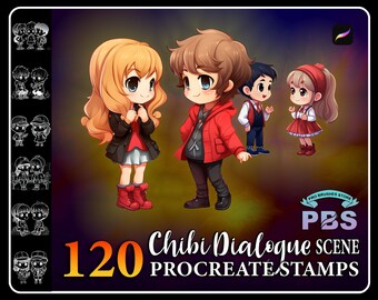 120 Procreate Chibi-dialoogstempels: personagescènepenseel (digitale download)