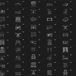 Peut inclure: Une collection de 60 dessins au trait noir et blanc de diff&eacute;rents meubles, y compris des chaises, des tables, des canap&eacute;s, des lits et des commodes. Les dessins sont dispos&eacute;s en grille.
