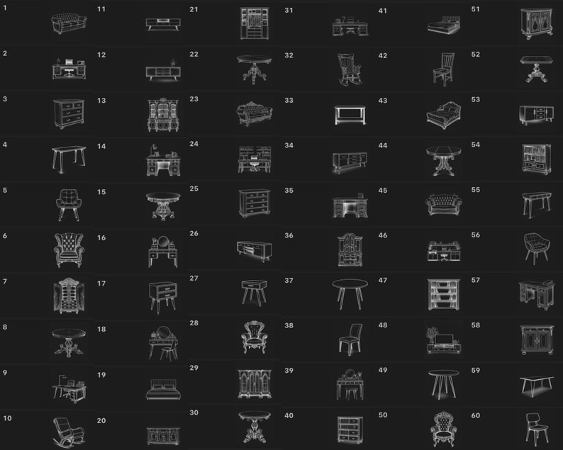 Peut inclure: Une collection de 60 dessins au trait noir et blanc de diff&eacute;rents meubles, y compris des chaises, des tables, des canap&eacute;s, des lits et des commodes. Les dessins sont dispos&eacute;s en grille.
