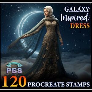 120 Procreate Galaxy にインスパイアされたドレス スタンプ、Procreate ウェディング ドレス スタンプ、Procreate 用ロング ドレス ブラシ、ファッション Procreate スタンプ