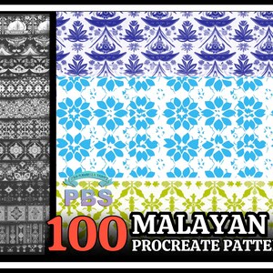 May include: A set of 100 Malayan Procreate patterns featuring intricate designs in blue, green, and white. The patterns are perfect for creating digital art, backgrounds, and more.