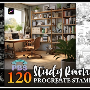 Puede incluir: Un conjunto de 120 sellos de Procreate que representan una sala de estudio con un escritorio, una silla, una estantería y plantas. Los sellos están diseñados para ayudarte a crear ilustraciones realistas y detalladas de una sala de estudio.
