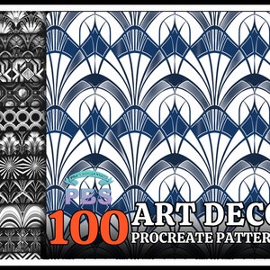 Könnte beinhalten: Ein Set mit 100 Art-Deco-Mustern für Procreate in Schwarz, Weiß und Blau. Die Muster sind geometrisch und weisen eine Vielzahl von Formen und Designs auf.