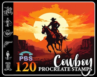 120 Procreate Cowboy Stamps, Western Life stamps for procreate, Cowboy scene brushes Procreate