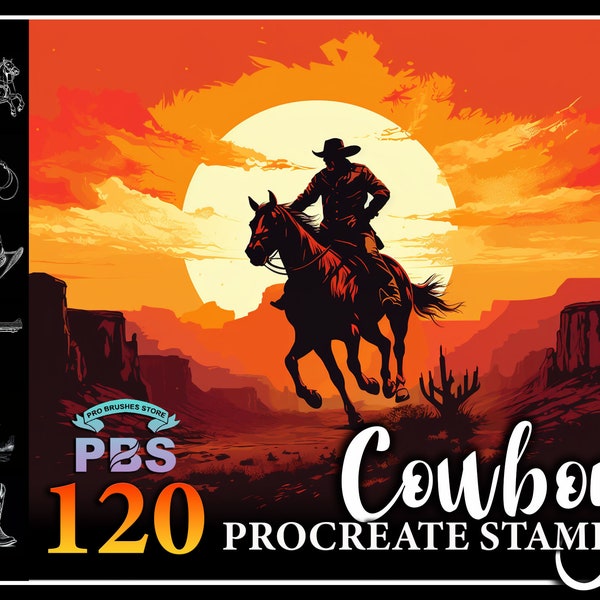 120 Procreate Cowboy Stamps, Western Life stamps for procreate, Cowboy scene brushes Procreate