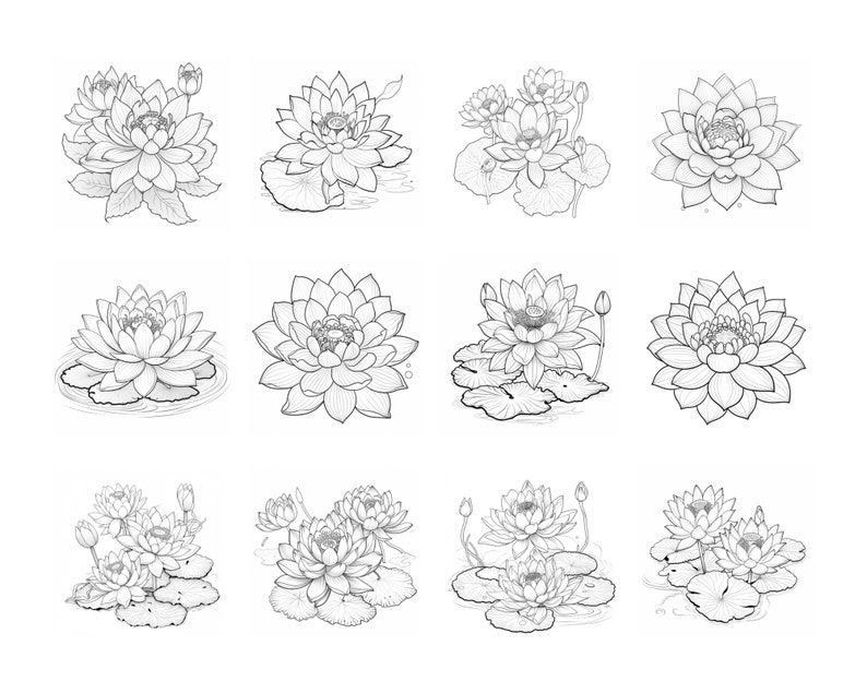 May include: A set of ten black and white line drawings of lotus flowers. The flowers are drawn in a realistic style and are shown in various stages of bloom. The drawings are perfect for use in a variety of creative projects, such as scrapbooking, card making, and digital art.