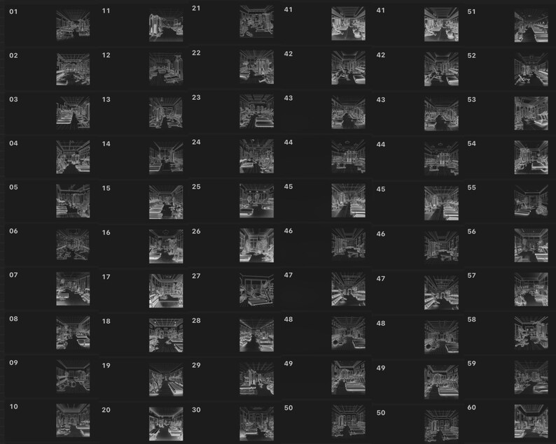 May include: A series of 60 black and white images showing different perspectives of a room interior. The images are numbered from 01 to 60.
