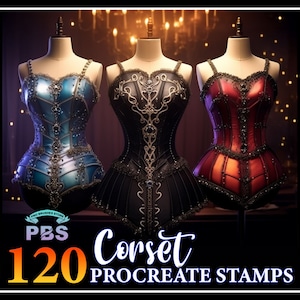 Può includere: Un set di 120 timbri Procreate con tre diversi design di corsetti. I corsetti sono in blu, nero e rosso con dettagli intricati e decorazioni. I timbri sono perfetti per aggiungere un tocco di glamour vintage alla tua arte digitale.