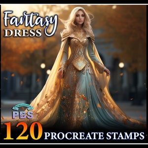 May include: A set of 120 Procreate stamps featuring fantasy dress designs. The stamps are in black and white and depict various styles of dresses with flowing skirts and intricate details. The image also includes a woman wearing a gold and blue fantasy dress with a long cape.