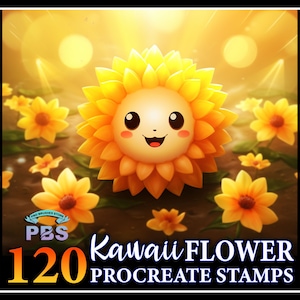 120 Procreate Kawaii Flower Stamps, Kawaii Flower stamps for procreate, Cute Flower for procreate stamps