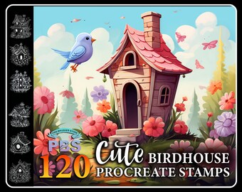 120 Procreate Birdhouse-stempels, schattige Birdhouse-stempels voor voortplanting, Kawaii Birdhouse-procreate-borstel, Procreate-gebouwstempel