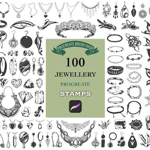 May include: A set of 100 black and white Procreate stamps featuring various jewellery designs, including necklaces, earrings, bracelets, rings, and crowns. The text "100 Jewellery Procreate Stamps" is displayed in the center of the image.
