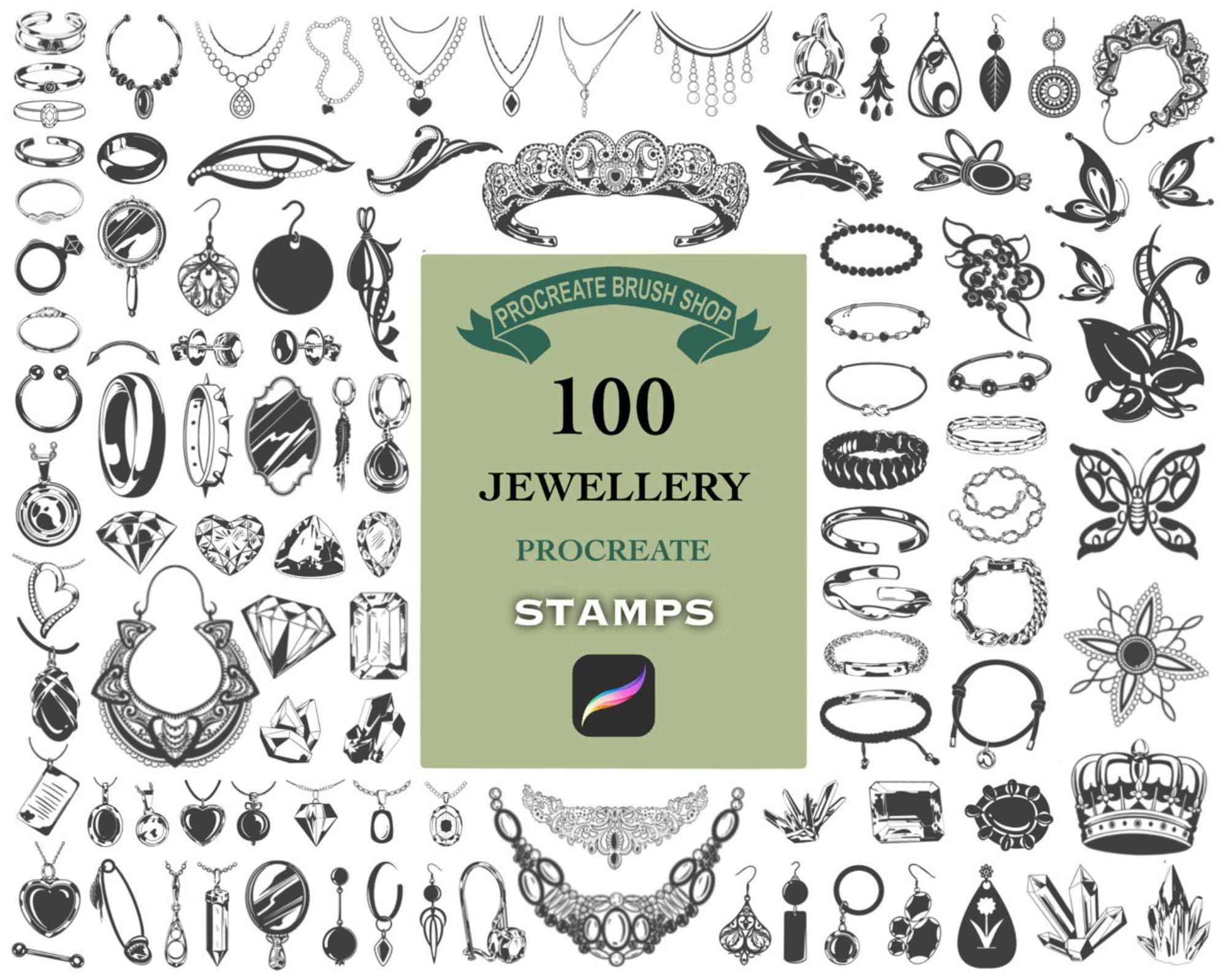 100 Procreate Jewelry Stamps Brush Set â Diamonds, Crystals, Rings, Crowns & More