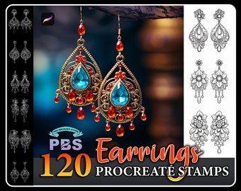 May include: A set of 120 Procreate stamps featuring intricate, detailed earrings. The earrings are a mix of styles, including floral, geometric, and ornate designs. The stamps are perfect for adding a touch of elegance to your digital art.