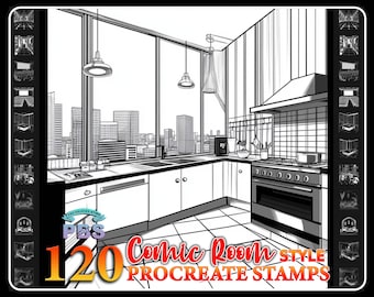 120 Procreate Comic Room-stempels: interieurborstelset (digitale download)