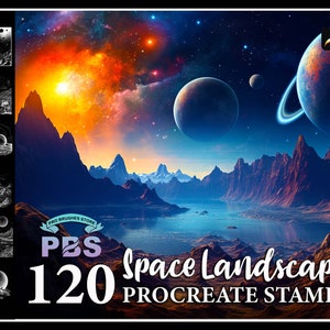 May include: 120 Procreate stamps featuring a space landscape with mountains, a lake, and planets in the sky. The stamps are designed for use in the Procreate app.