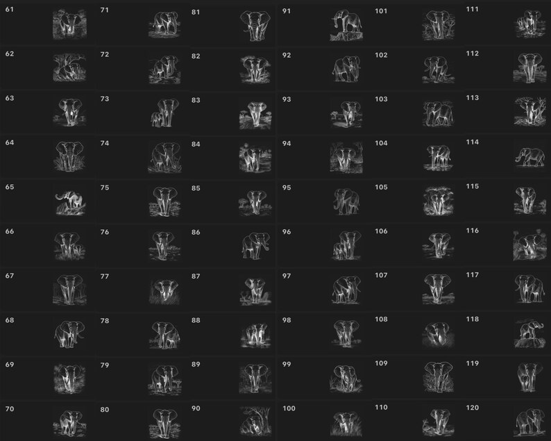 May include: A black and white image of 120 different illustrations of elephants. Each illustration is framed in a white square. The illustrations are arranged in 10 rows of 12 images each.
