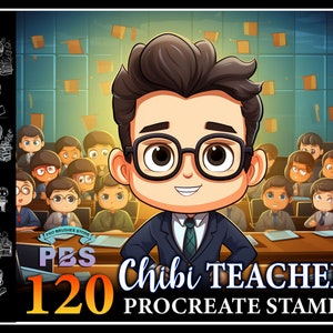 120 Procreate ちびボーイ先生スタンプ、Procreate 用ちび先生スタンプ、ちびキャラクタースタンプ
