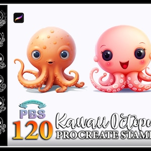 May include: A set of 120 Procreate stamps featuring cute kawaii octopus illustrations in pink and orange. The stamps are perfect for adding a touch of whimsy to your digital art.