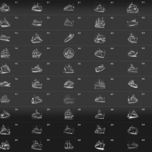 May include: A black and white illustration grid of 60 different ship and boat designs. The illustrations are in a simple line drawing style.