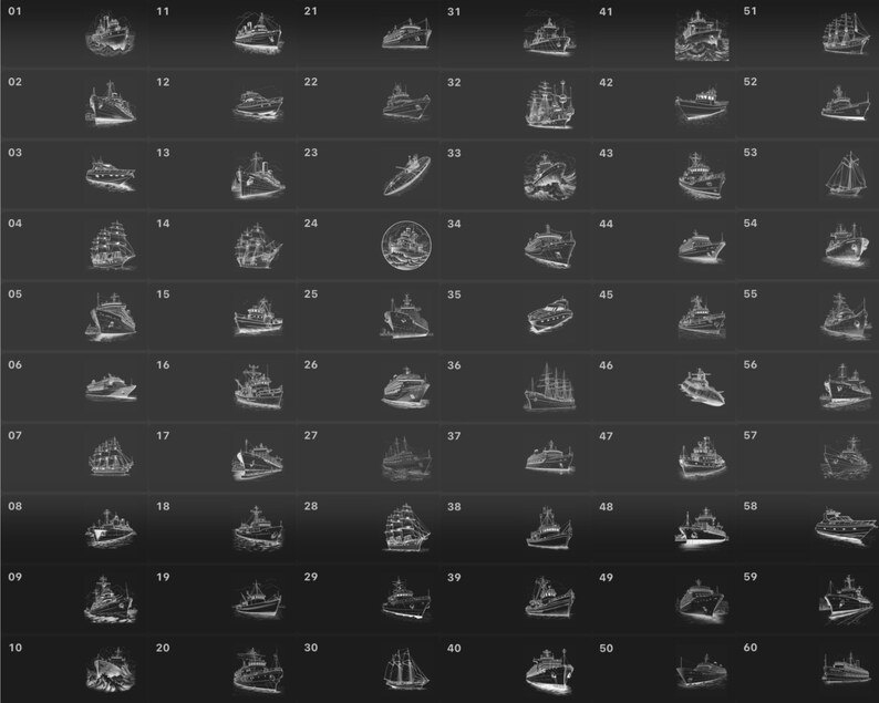 May include: A black and white illustration grid of 60 different ship and boat designs. The illustrations are in a simple line drawing style.