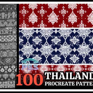 Puede incluir: Un conjunto de 100 patrones digitales inspirados en el diseño tailandés. Los patrones presentan intrincados motivos florales y geométricos en una variedad de colores, incluidos el rojo, el azul y el blanco. Los patrones son perfectos para usar en Procreate, una aplicación de arte digital popular.