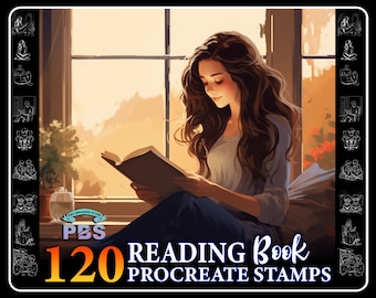 120 sellos de Procreate con diseño de libro de lectura: Pinceles para poses de personajes (descarga digital)