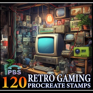 120 Procreate Retro Gaming Stamps, Retro Gaming stamps for procreate, Retro Gamer Procreate stamp.
