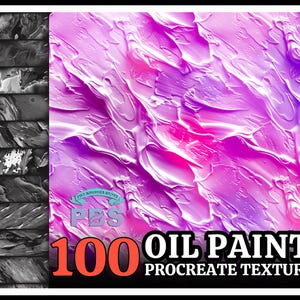 Könnte beinhalten: 100 Ölmalerei-Procreate-Texturen. Ein digitaler Download von 100 Ölmalerei-Texturen zur Verwendung in der Procreate-App. Die Texturen sind in verschiedenen Farben, darunter Pink, Lila und Weiß.
