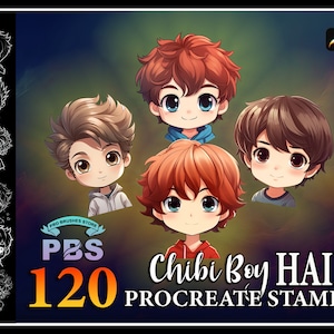 120 Procreate Chibi Boy Hair Stamps, Chibi Boy Hair stamps for procreate, Chibi Character Stamp for procreate