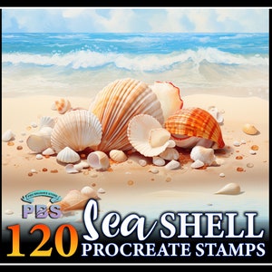 Peut inclure: Un ensemble de 120 tampons Procreate représentant différents coquillages de formes, de tailles et de couleurs variées. Les tampons sont disposés sur une plage de sable avec une mer et un ciel bleus en arrière-plan. Le texte "120 Sea Shell Procreate Stamps" est affiché en bas de l'image.