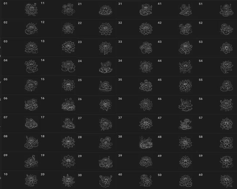 May include: A grid of 60 black and white illustrations of lotus flowers in various styles. The illustrations are arranged in rows of 10, with each row numbered from 1 to 10.