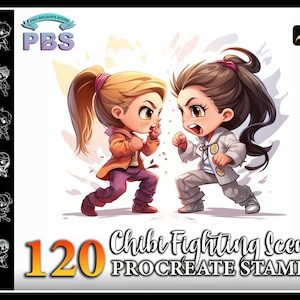 120 Procreate Chibi Fighting Stamps, Chibi Fighting Scene brush stamps for procreate, Chibi Character Brush for procreate