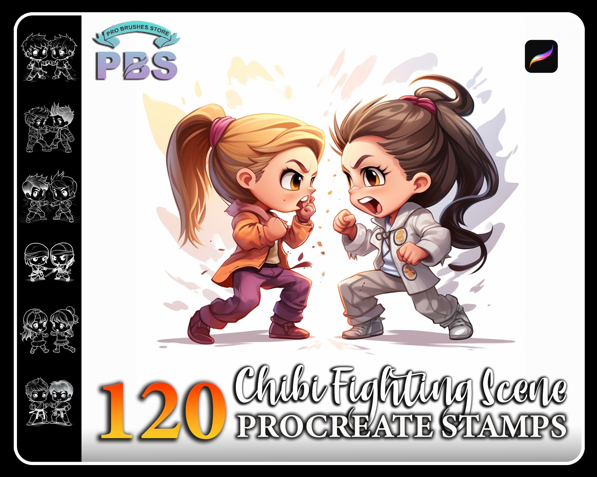 Set de 120 sellos de combate Chibi para Procreate – Poses dinámicas y pinceles de acción para personajes