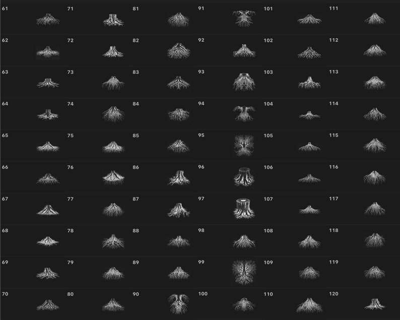 May include: A set of 120 black and white illustrations of tree roots. The illustrations are arranged in rows of 12, with each row numbered from 61 to 120.