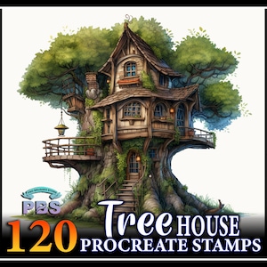 May include: A digital illustration of a tree house with a brown wooden exterior, a green roof, and a large tree trunk. The tree house has a balcony, a staircase, and windows. The text "Tree House 120 Procreate Stamps" is written in orange and yellow letters at the bottom of the image.