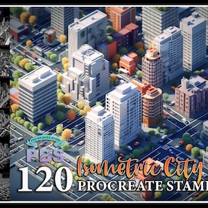 120 Procreate Isometric City Stamps, Isometric City stamps for procreate, City building procreate brush