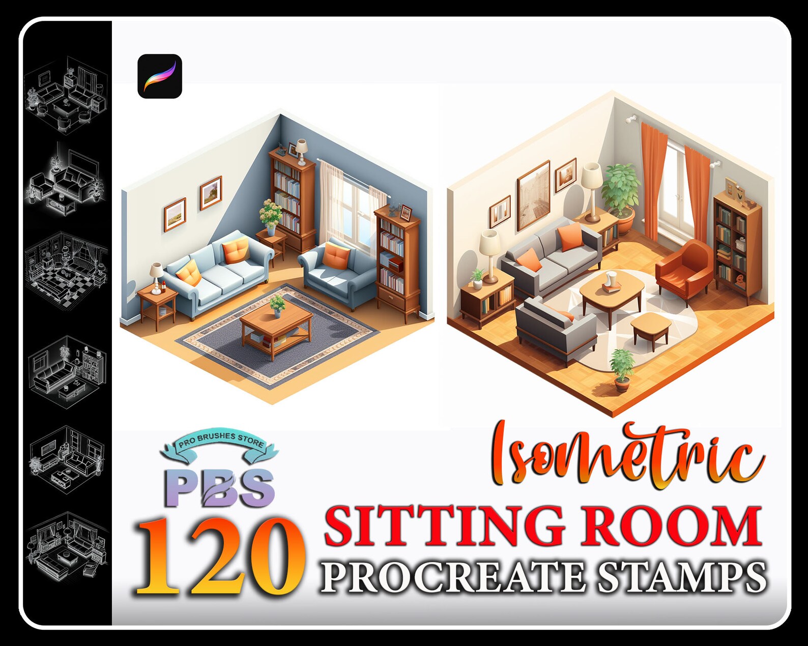 120 Isometric Room Procreate Stamps: Interior Design Brush (digital ...